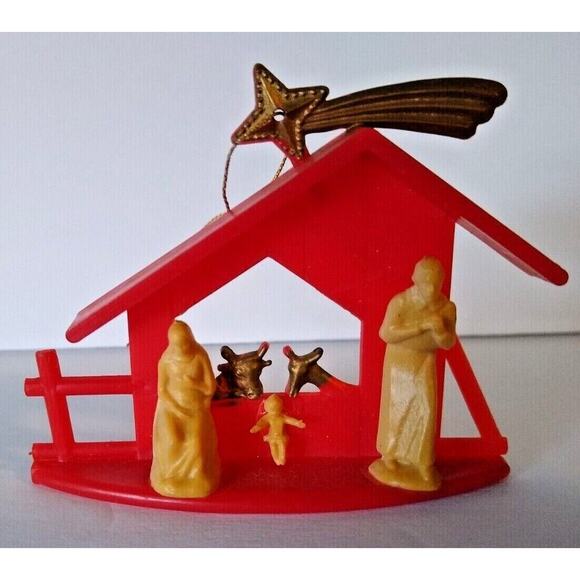 Vintage Mid Century Nativity Christmas Tree Plastic Ornament Hong Kong Loffredo - Picture 1 of 4